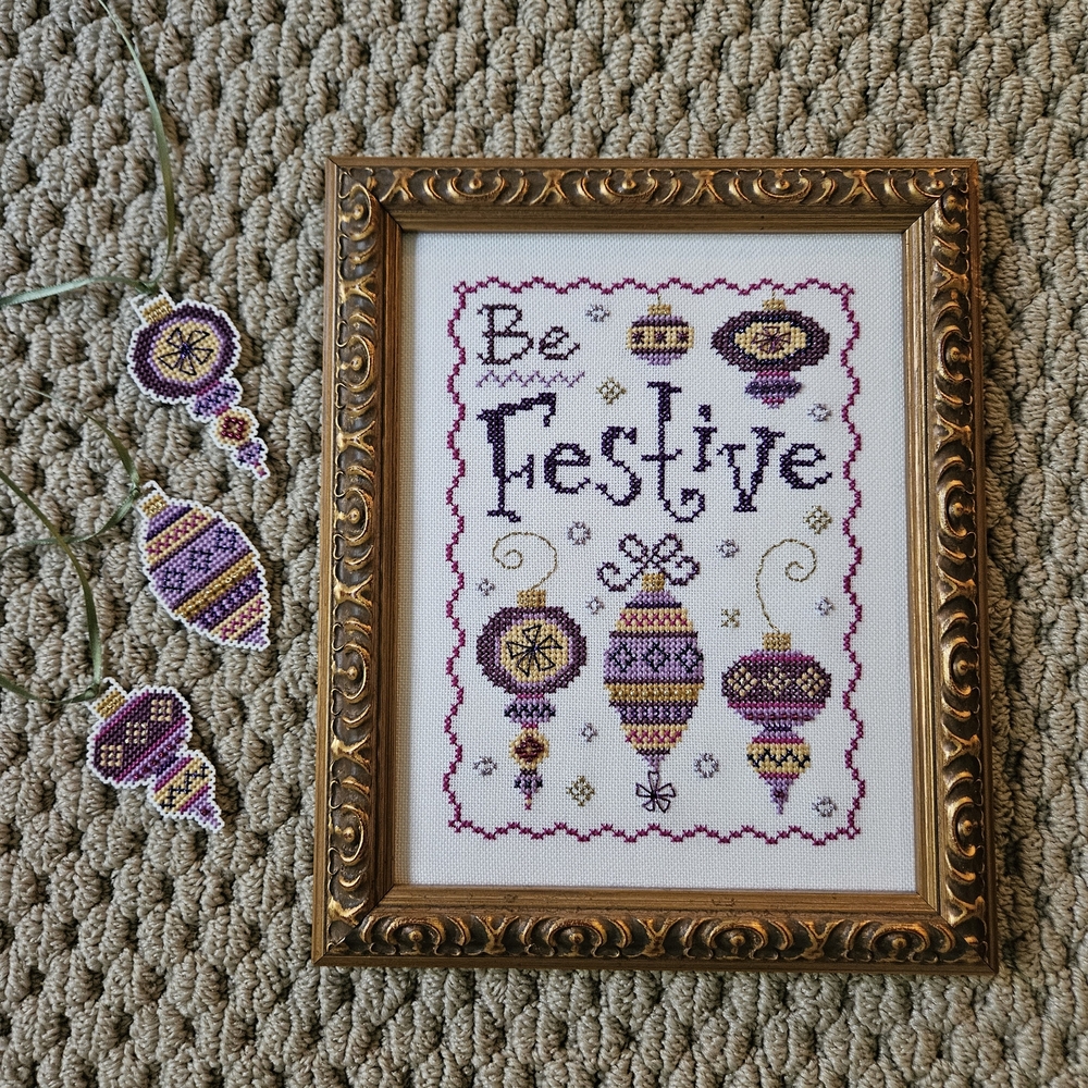 Vintage Purple and Gold 'Be Festive' Holiday Cross-Stitch Wall Art